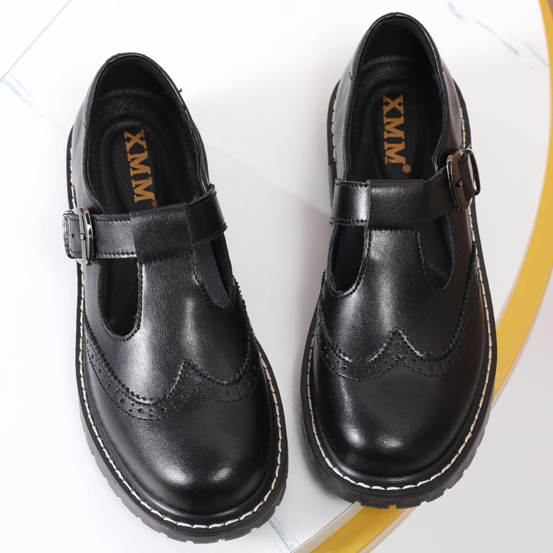 XMM Oxford Shoes for Women Mary Jane Shoes Women Round Toe Leather Ankle Buckle Strap Flats Classic Non-Slip Comfort Casual Dressy Business Office Shoes Black US 5 - Image 4