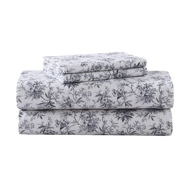 Laura Ashley Home - 3 pieces Twin Sheets  Cotton Flannel Bedding Set  Brushed for Extra Softness & Comfort (Black Faye Toile  Twin)