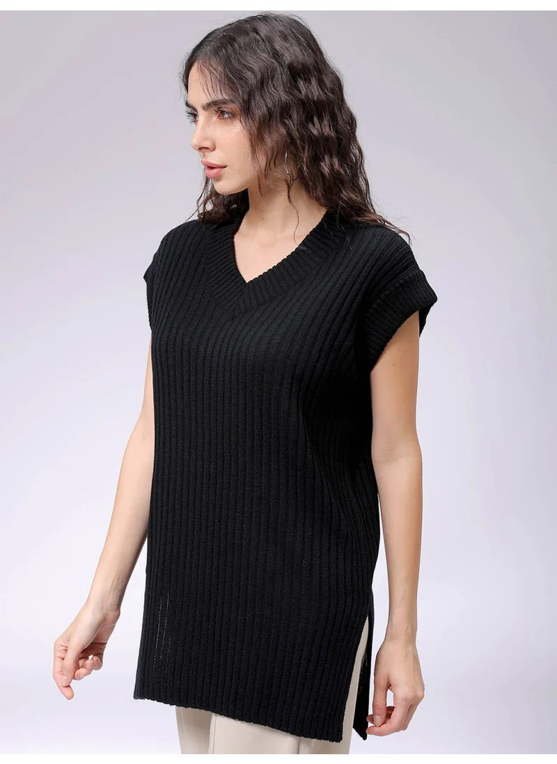 Freehand Women Boxy Black Solid V-Neck Sleeveless Sweater