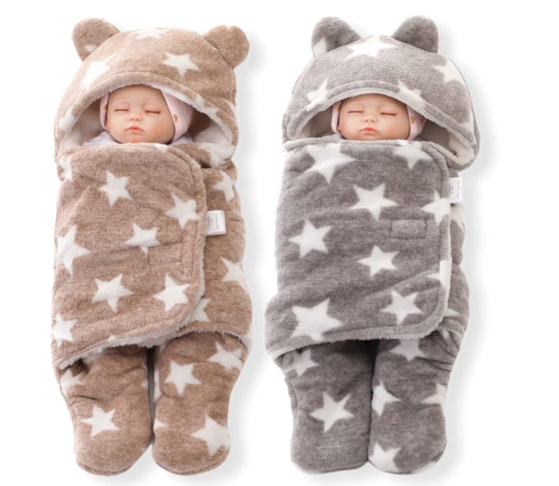 Brandonn BRANDONN Baby Blankets New Born Combo Pack of Super Soft Baby Wrapper Baby Sleeping Bag for Baby Boys, Baby Girls, Babies (76cm x 70cm, 0-6 Months, skin friendly, Fleece, Stars grey, beige)  - Image 1