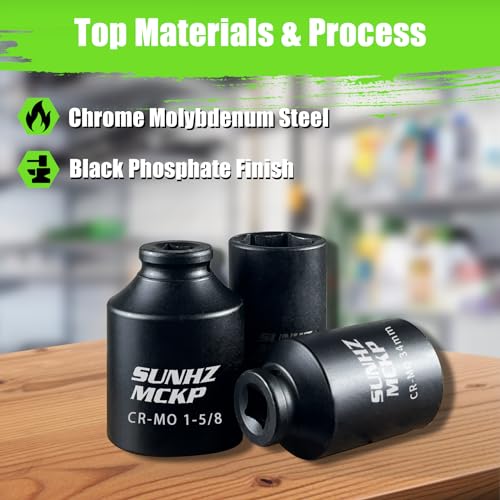 SUNHZ MCKP مجموعة مفاتيح صمولة عميقة 1/2" 17 قطعة، مفاتيح صمولة محور 6 نقاط، قياسي SAE (1-1/4 بوصة إلى 1-3/4 بوصة) وقياسي متري (29 مم - 38 مم) - Image 5