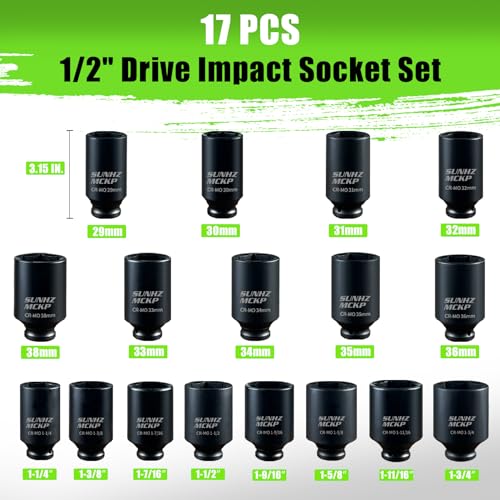 SUNHZ MCKP مجموعة مفاتيح صمولة عميقة 1/2" 17 قطعة، مفاتيح صمولة محور 6 نقاط، قياسي SAE (1-1/4 بوصة إلى 1-3/4 بوصة) وقياسي متري (29 مم - 38 مم) - Image 2