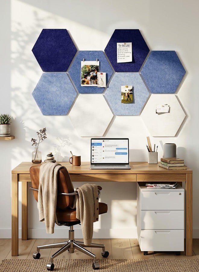 Uoisaiko 8 Pack Hexagon Felt Bulletin Board Tiles - 12" Large Thick Pin Board for Walls with 30 Push Pins, DIY Boards for Office Home School Decor, Aesthetic Hex Cork Board Alternative - Image 4