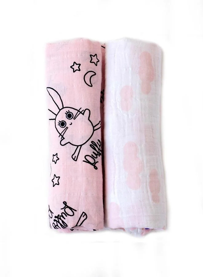 Milk&moo 2-Piece Swaddle Blanket Set- Cotton, Pink/White 110x110cm