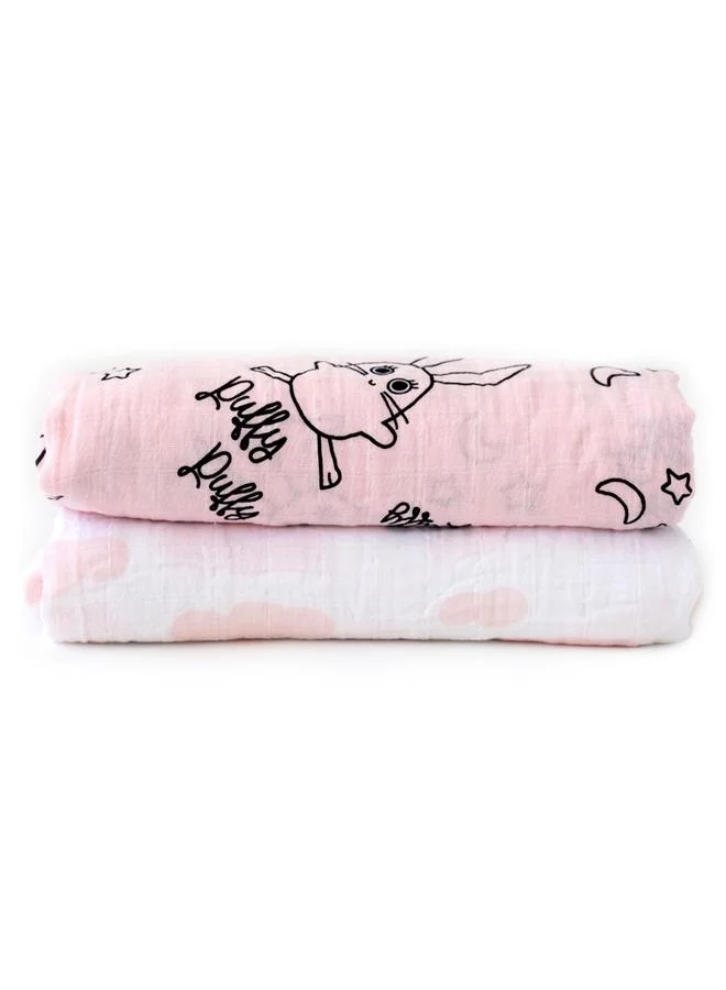 Milk&moo 2-Piece Swaddle Blanket Set- Cotton, Pink/White 110x110cm