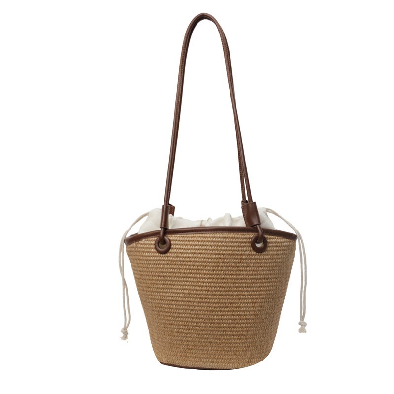 Korean-Style Ins Woven Straw Bag Model Patchwork Woven Basket Bag Versatile Beach Textured Shoulder Bag