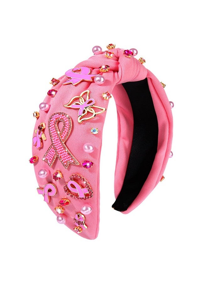 NVENF Pink Ribbon Knotted Headbands for Women, Breast Cancer Awareness Fashion Hair Accessory with Rhinestone Pearl Embellished Wide Top Knot - Image 1