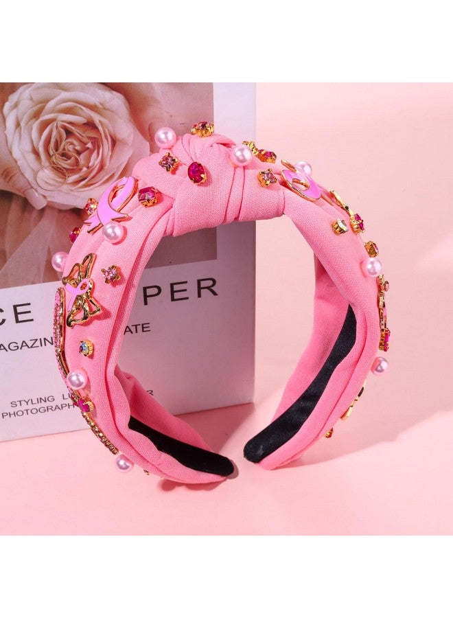 NVENF Pink Ribbon Knotted Headbands for Women, Breast Cancer Awareness Fashion Hair Accessory with Rhinestone Pearl Embellished Wide Top Knot - Image 5
