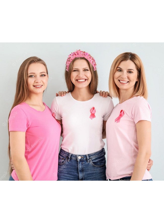 NVENF Pink Ribbon Knotted Headbands for Women, Breast Cancer Awareness Fashion Hair Accessory with Rhinestone Pearl Embellished Wide Top Knot - Image 3