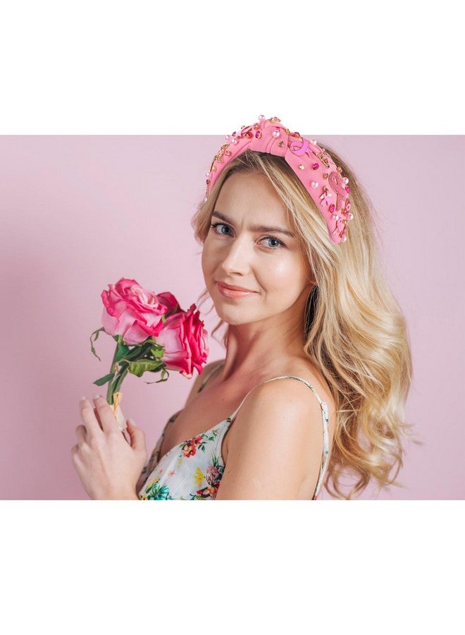 NVENF Pink Ribbon Knotted Headbands for Women, Breast Cancer Awareness Fashion Hair Accessory with Rhinestone Pearl Embellished Wide Top Knot - Image 2