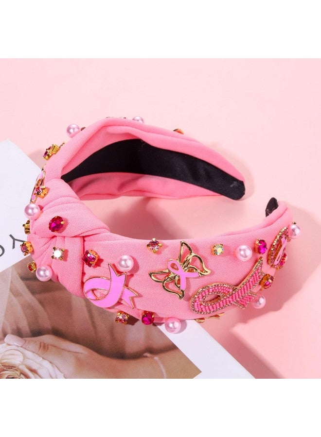 NVENF Pink Ribbon Knotted Headbands for Women, Breast Cancer Awareness Fashion Hair Accessory with Rhinestone Pearl Embellished Wide Top Knot - Image 4