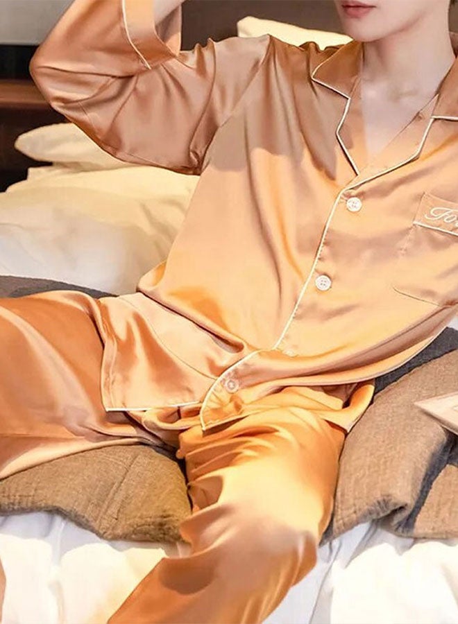 MARGOUN Summer Ice Silk XL Men Pajamas Large Women Lace Trim Robe Sets Home Service Suit Casual Couples Sleepwear Nightwear Gold - Image 4