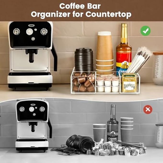 BEYGORM Acrylic Coffee Bar Station Organizer For CountertopOffice Breakroom Clear Snack Tea Storage Accessories Holder For Kcup Pod Condiment Cup Sugar Creamer Syrup Coffee Gift For Coffee Lovers - Image 3
