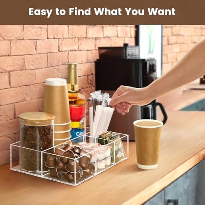 BEYGORM Acrylic Coffee Bar Station Organizer For CountertopOffice Breakroom Clear Snack Tea Storage Accessories Holder For Kcup Pod Condiment Cup Sugar Creamer Syrup Coffee Gift For Coffee Lovers - Image 5