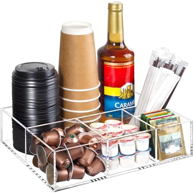 BEYGORM Acrylic Coffee Bar Station Organizer For CountertopOffice Breakroom Clear Snack Tea Storage Accessories Holder For Kcup Pod Condiment Cup Sugar Creamer Syrup Coffee Gift For Coffee Lovers - Image 1