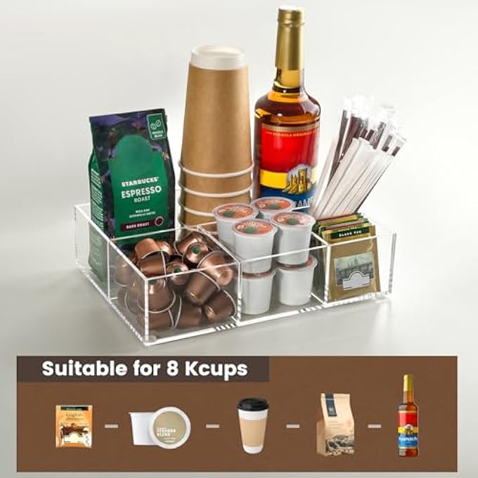 BEYGORM Acrylic Coffee Bar Station Organizer For CountertopOffice Breakroom Clear Snack Tea Storage Accessories Holder For Kcup Pod Condiment Cup Sugar Creamer Syrup Coffee Gift For Coffee Lovers - Image 4