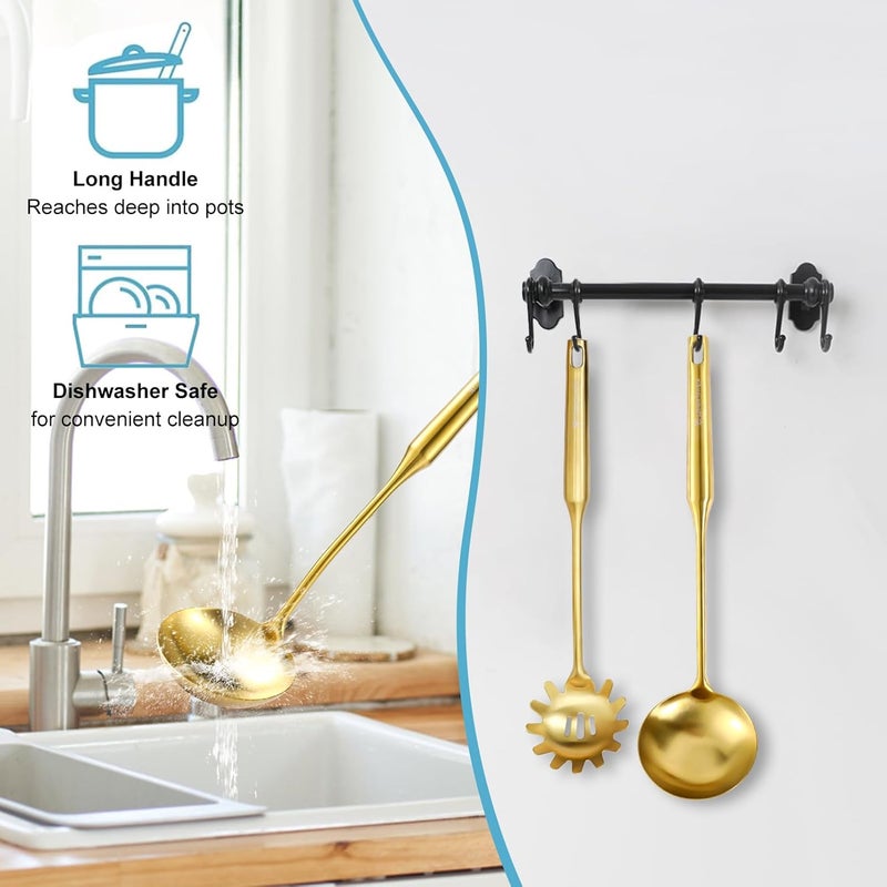 Mamajardin Gold Soup Ladle and Spaghetti Spoon Set - 18/10 Stainless Steel Soup Spoon，Pasta Strainer, [Heat Resistance，Integral Forming] Kitchen Utensils for Cooking，Stirring, Serving Pasta, Soup & Sauce，13.8" - Image 2