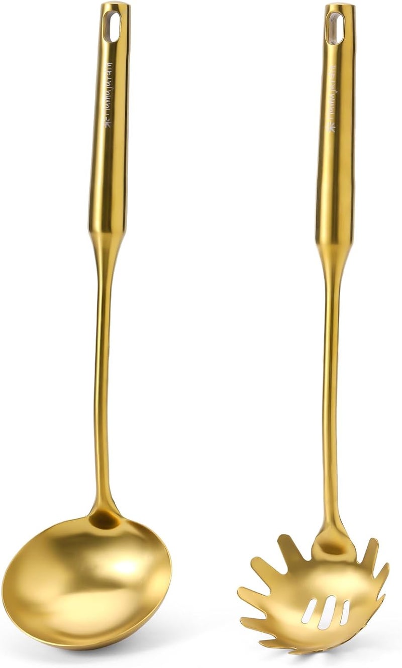 Mamajardin Gold Soup Ladle and Spaghetti Spoon Set - 18/10 Stainless Steel Soup Spoon，Pasta Strainer, [Heat Resistance，Integral Forming] Kitchen Utensils for Cooking，Stirring, Serving Pasta, Soup & Sauce，13.8" - Image 1
