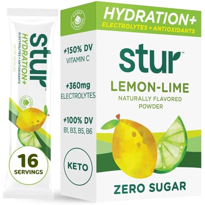 Stur Electrolyte Hydration Powder | Lemon Lime | High Antioxidants & B Vitamins | Sugar Free | Non-GMO | Daily Hydration & Workout Recovery | Keto | Paleo | Vegan (16 Packets) - Image 1
