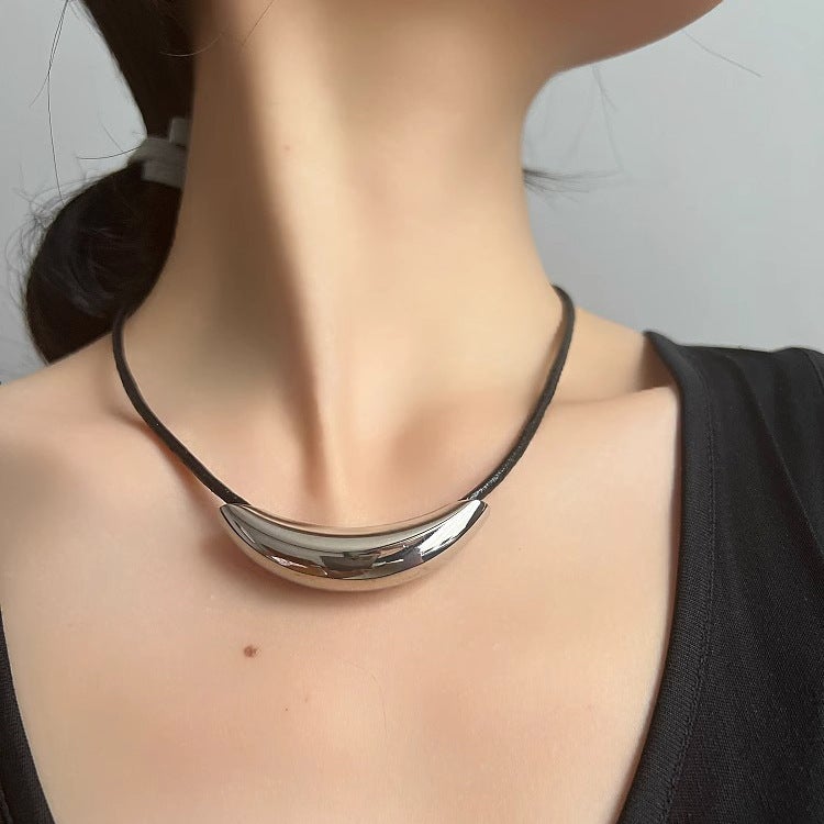 Sleek Titanium Steel Choker Necklace for Women Silver-black leather rope light column elbow necklace 