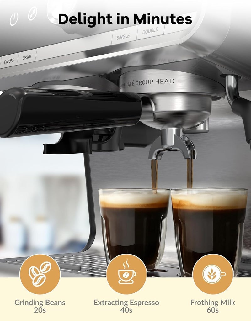 Takywep 20 Bar Professional Espresso Machine with Grinder & Milk Frother – 95 oz Removable Water Tank for Lattes and Cappuccinos – Stainless Steel Coffee Maker for Home Use - Image 3