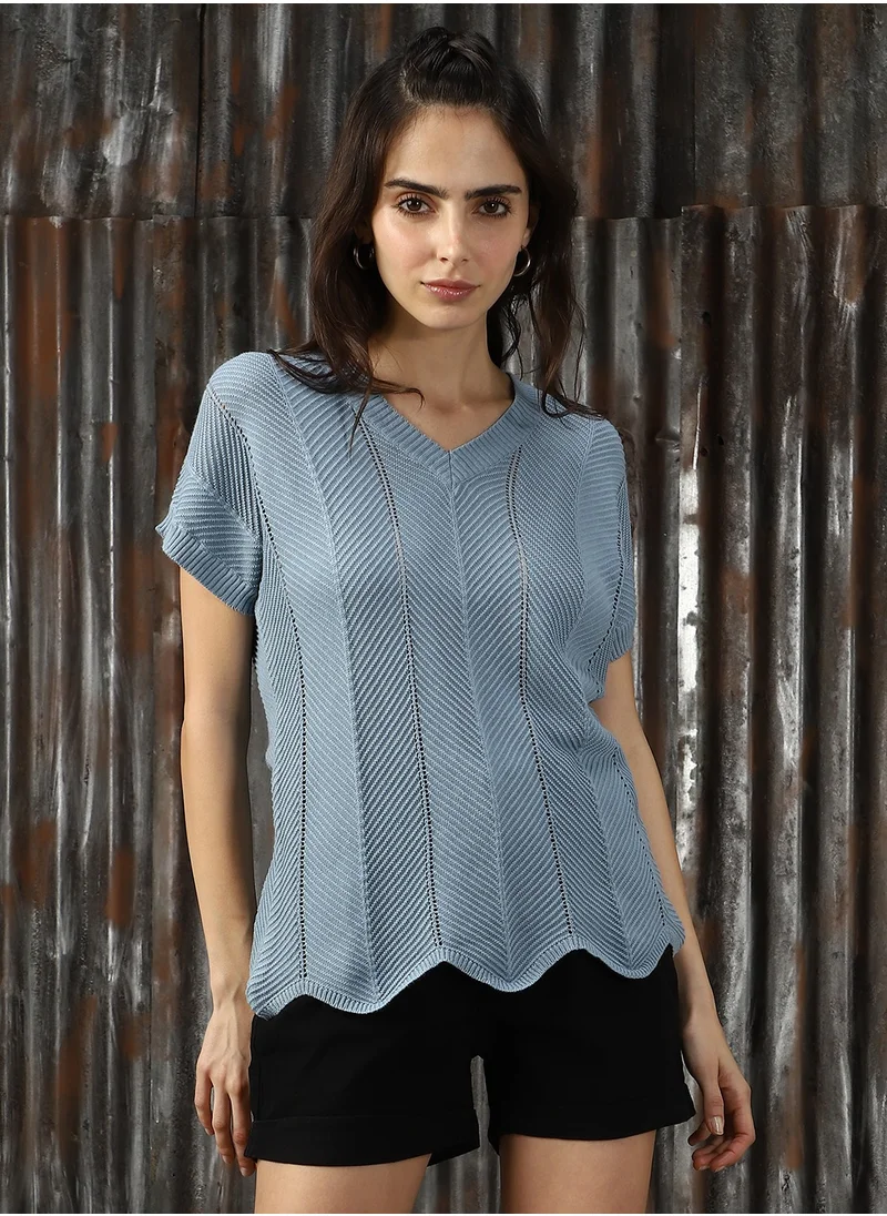 هاي ستار Women's Blue 100% Cotton Solid Tops