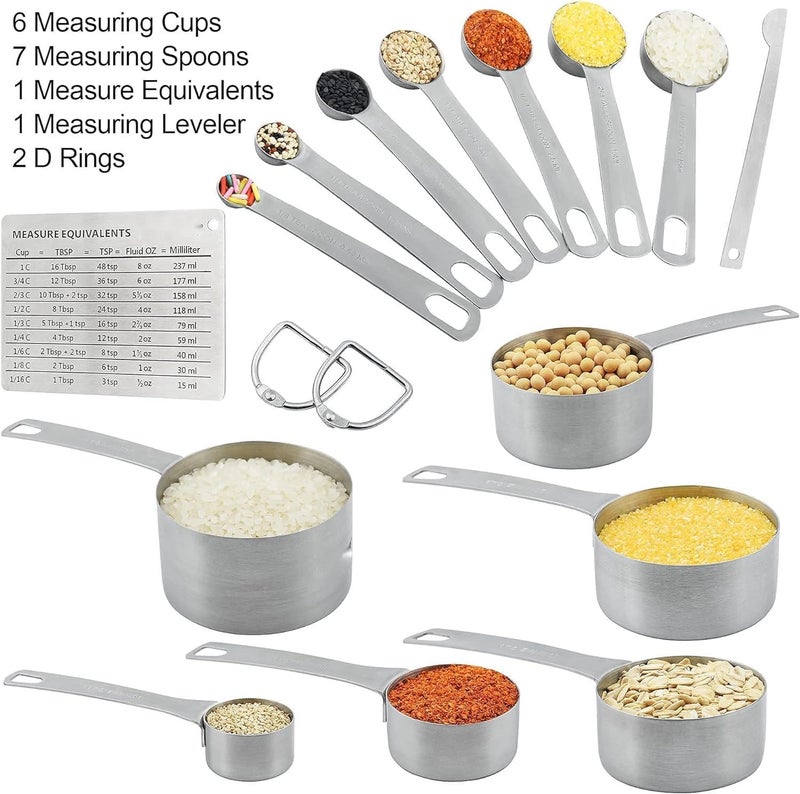 Smithcraft Measuring Cups and Spoons Set 15, Metric & US 18/8 Stainless Steel Measuring Cups and Spoons Set for Baking & Kitchen, 6 Measure Cups & 7 Spoons Leveler & Measure Equivalents for Dry&Liquid - Image 2