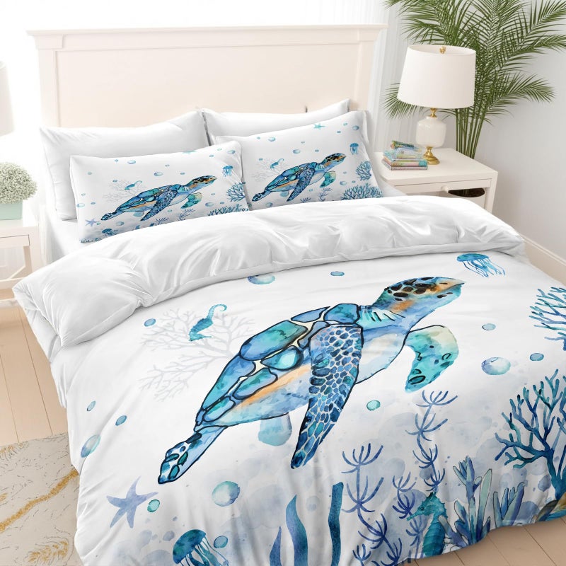 Bedorm Sea Turtle Queen Comforter Set  Ocean Theme Bedding Set for Boys  Girls  Blue Turtle  Sea Horse Pattern  Queen Size Bed Set 