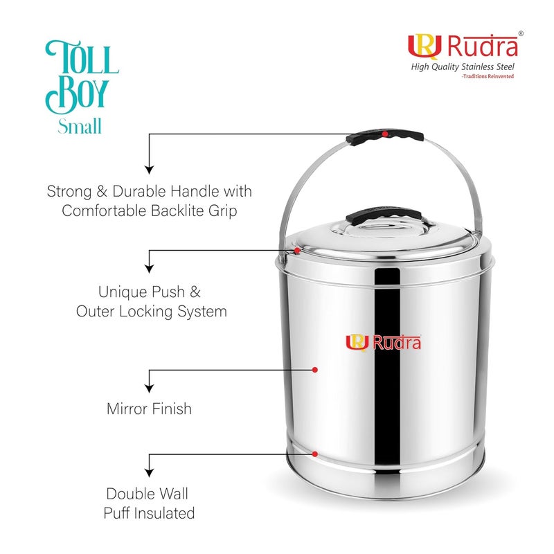 Rudra Stainless Steel Tall Boy Small 5LPremium Puff Insulated Hot Cold CasseroleTraditional Food Storage Hot Pot with Side HandlesKeeps Food Fresh for HoursRustFree Durable Made in India - Image 4