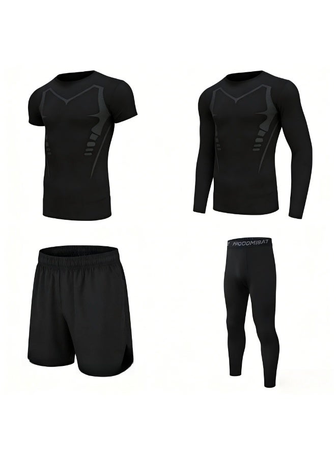 Men's four-piece sports suit, breathable and quick-drying swimsuit, men's fitness wear, equipped with elastic waistband for added comfort, designed with sweat-wicking fabric, suitable for fitness trai