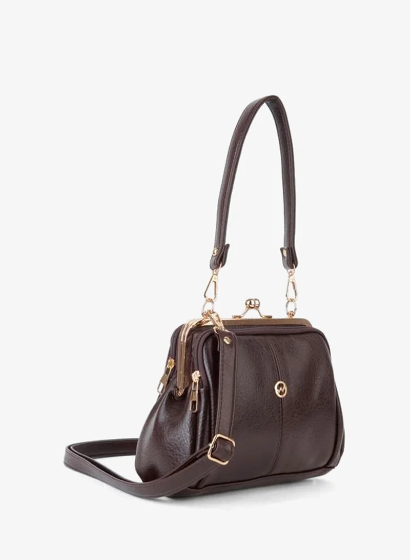Women's Butterfly Dark Coffee Gold Accessorized 4-Compartment Buckle and Zipper Closure Hand, Arm and Shoulder Bag.