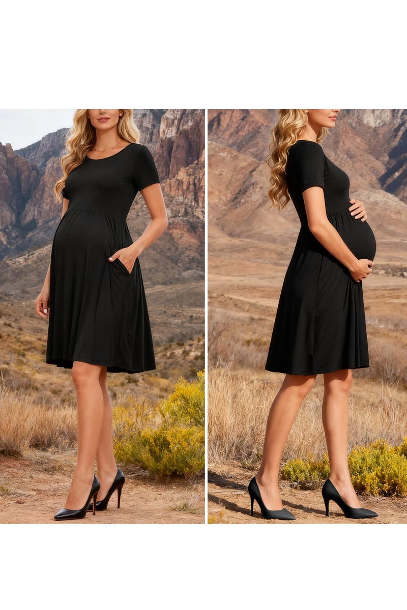 WOOXIO Women's Short Sleeve Maternity Dress Patchwork Pregnancy Clothes with Pockets Medium,Black - Image 4