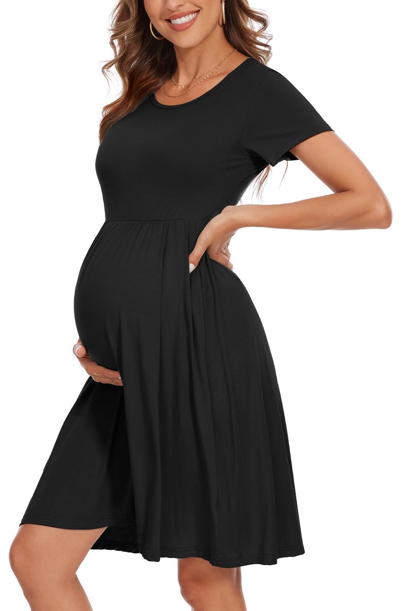 WOOXIO Women's Short Sleeve Maternity Dress Patchwork Pregnancy Clothes with Pockets Medium,Black - Image 1