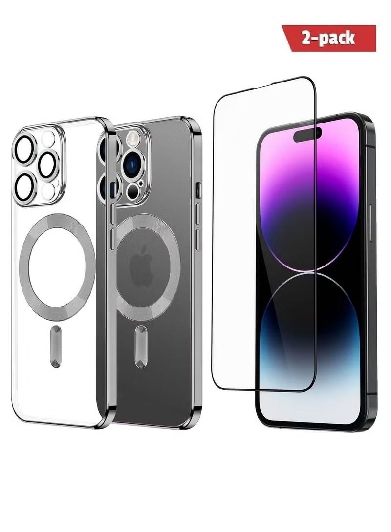 Zaboon 2Pack for iPhone 14 Pro Magsafe Case and Screen Protector Clear Electroplating Frame Wireless Charging Cover with Tempered Glass Silver/Clear - Image 1