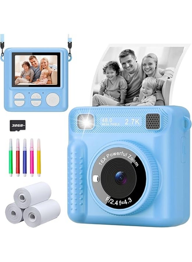 LENND Camera for Kids Instant Print,Portable Camera with 32G Card & 1080p Video,Print Paper,Instant Print Camera with Color Pens for DIY,Over 3 Years Old for Boys Girls Birthday Gifts (Blue) - Image 1