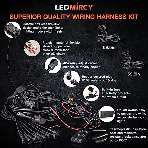 LEDMIRCY Switchback LED Rock Lights Kit White/Amber Strobe with Wiring Harness 8 Pods 6 Mode Reset Function Memory Function for Off Road Trucks ATV UTV SUV RZR Under Body High Power Waterproof - Image 5