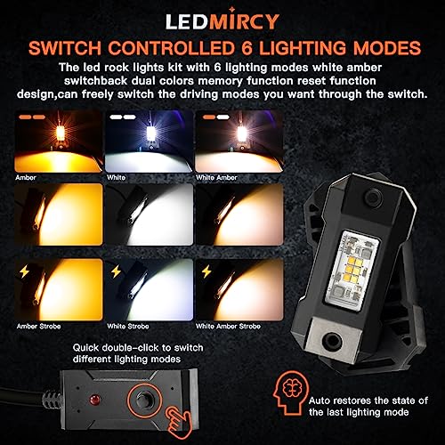 LEDMIRCY Switchback LED Rock Lights Kit White/Amber Strobe with Wiring Harness 8 Pods 6 Mode Reset Function Memory Function for Off Road Trucks ATV UTV SUV RZR Under Body High Power Waterproof - Image 2