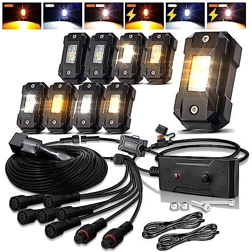 LEDMIRCY Switchback LED Rock Lights Kit White/Amber Strobe with Wiring Harness 8 Pods 6 Mode Reset Function Memory Function for Off Road Trucks ATV UTV SUV RZR Under Body High Power Waterproof - Image 1
