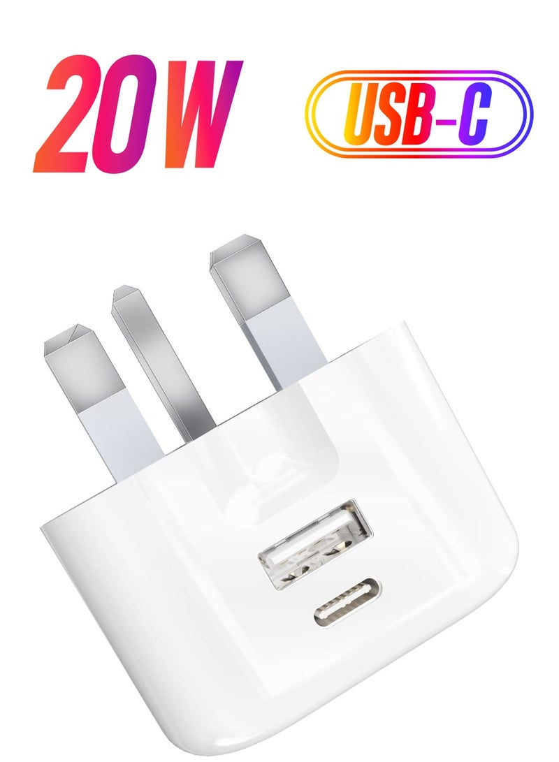 USB C Fast Charger Plug with 20W for iPhone 14/14 Plus/14 Pro/14 Pro Max 13 Pro Max,12 11 SE 2020 XS XR 8 7 6S Plus, iPad, Air Pods Pro, S22, USBC PD 3.0 Mains UK Type C Wall Charging Power Adapter  - Image 1