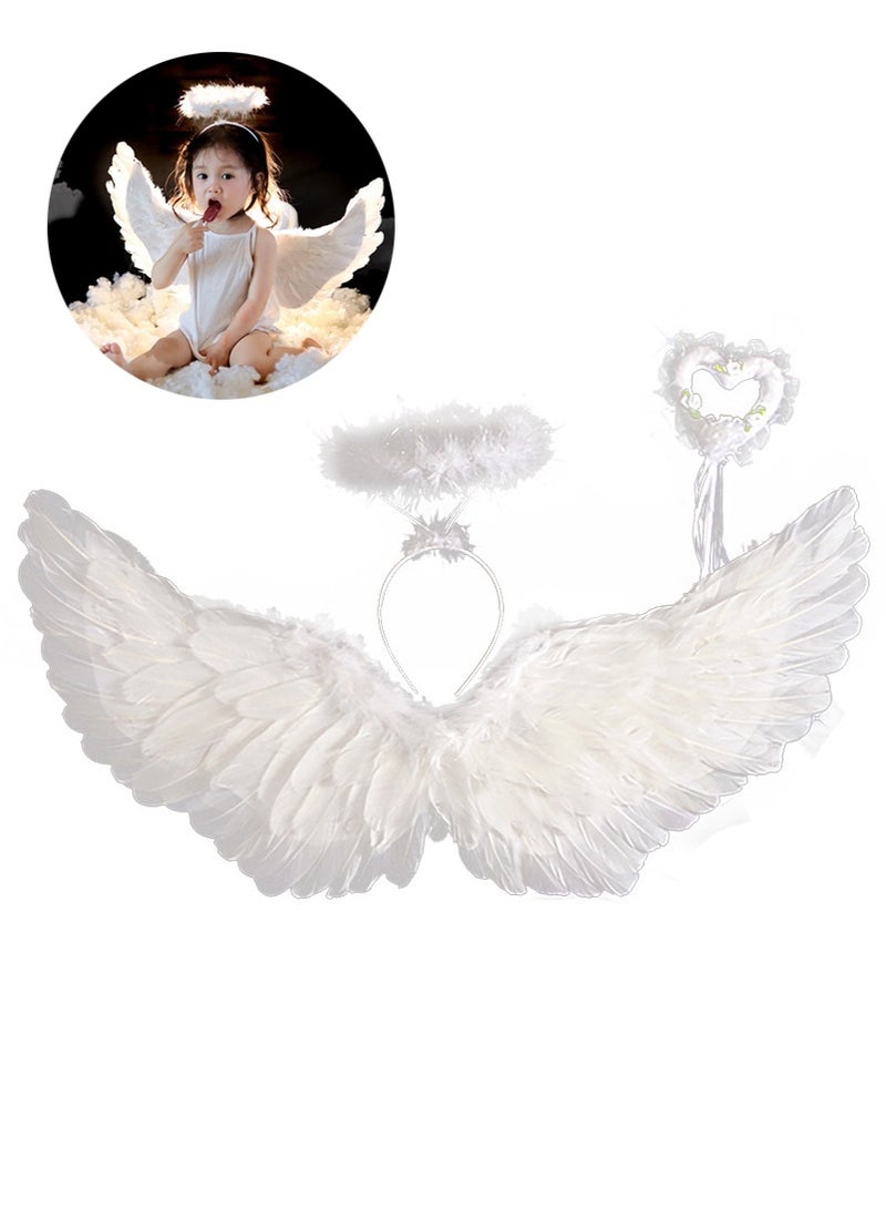 تابيت مجموعة زي الملاك للبنات ، مجموعة أجنحة الملاك مع عصا سحرية هالو ، الريش اللباس حتى الأدوات ، اكسسوارات زي الحزب للبنات الحزب وهالوين ، كوسبلاي للأعمار 3-8 (الملاك الأبيض) - Image 1