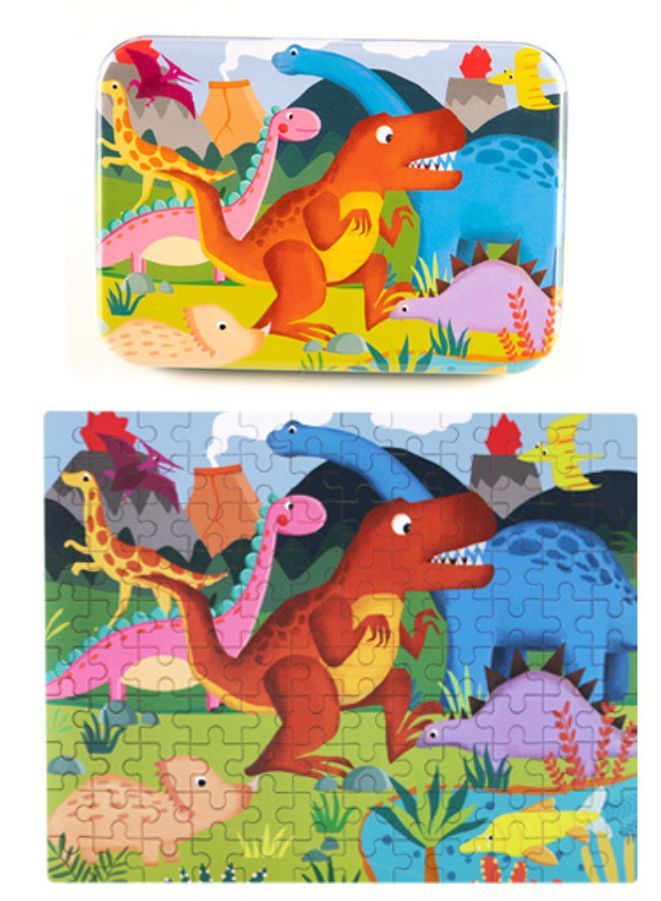 Wooden Jigsaw 120 Pieces Cartoon Animals Fairy Tales Puzzles Children Wood Early Learning Set Montessori Education Toy Kids Gift, Dinosaur - Image 1