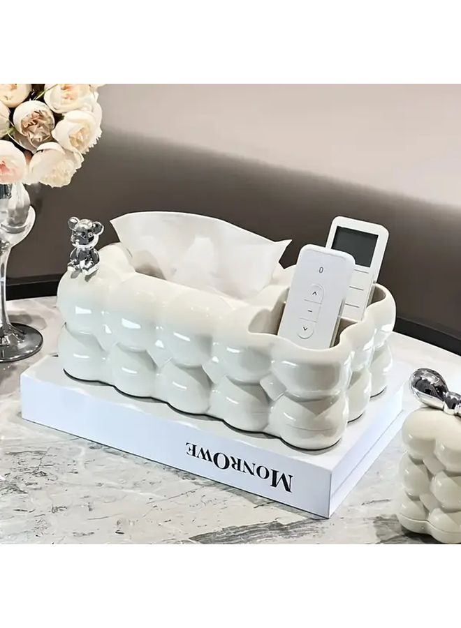 Milky White Bear Tissue Box With Spring Dispenser And Remote Control Holder - Image 4
