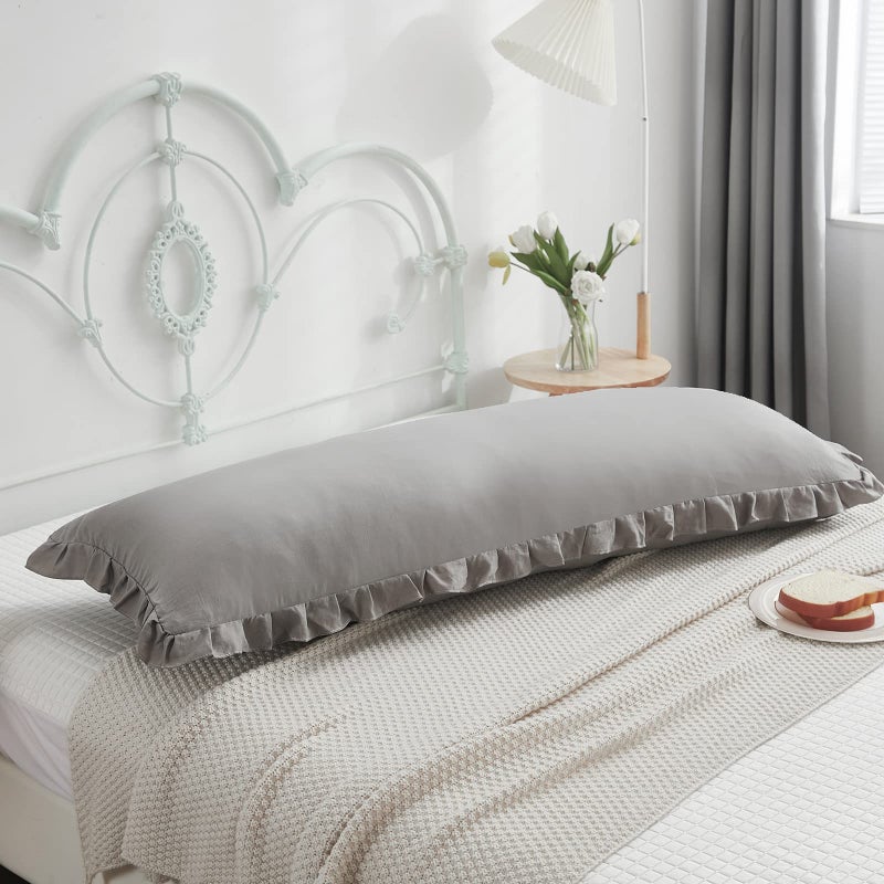 Merryword Light Gray Body Pillow Cover 20x54inches Long Pillowcase Grey Ruffled Pillowcase Shabby Chic Ruffled Fringe Decor Body Ruffled Pillow Sham Cute Pillowcase (1 Body  Light Grey) - Image 3