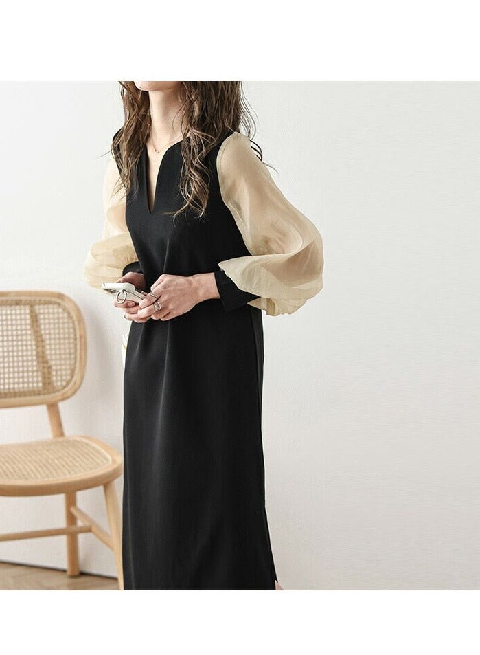 Chiffon sleeve one piece pierce slit neck long sleeve long dress ﻿ - Image 2