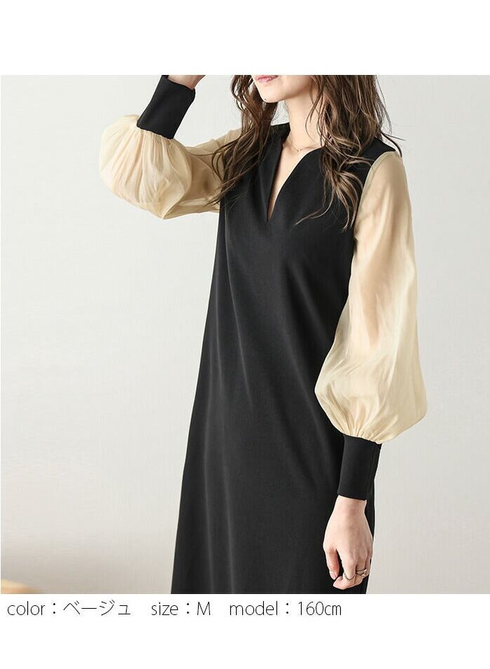 Chiffon sleeve one piece pierce slit neck long sleeve long dress ﻿ - Image 3
