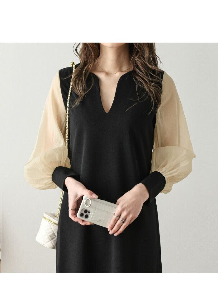 Chiffon sleeve one piece pierce slit neck long sleeve long dress ﻿ - Image 1
