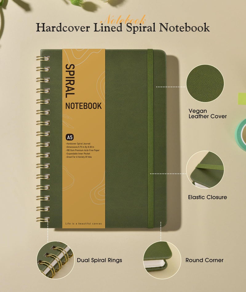 PAPEJOON Graph Spiral Journal Notebook, A5 Hardcover Spiral Journals for Women Men, 100 GSM Graph Paper Notebooks, 150 Pages Spiral Bound Grid Notebook for Writing Note Taking Work 5.75" x 8.38" Olive Green - Image 2