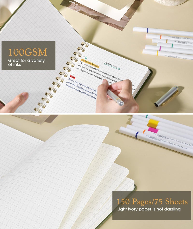 PAPEJOON Graph Spiral Journal Notebook, A5 Hardcover Spiral Journals for Women Men, 100 GSM Graph Paper Notebooks, 150 Pages Spiral Bound Grid Notebook for Writing Note Taking Work 5.75" x 8.38" Olive Green - Image 4