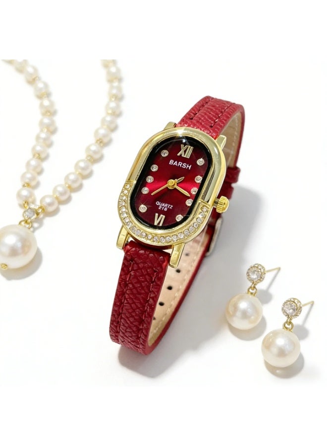 Barsh Women's Elegant Gold-Plated Watch with Diamond-Studded Bezel - Stylish Leather Strap Quartz Wristwatch for Ladies (Fashion Dress Watch) - Image 4