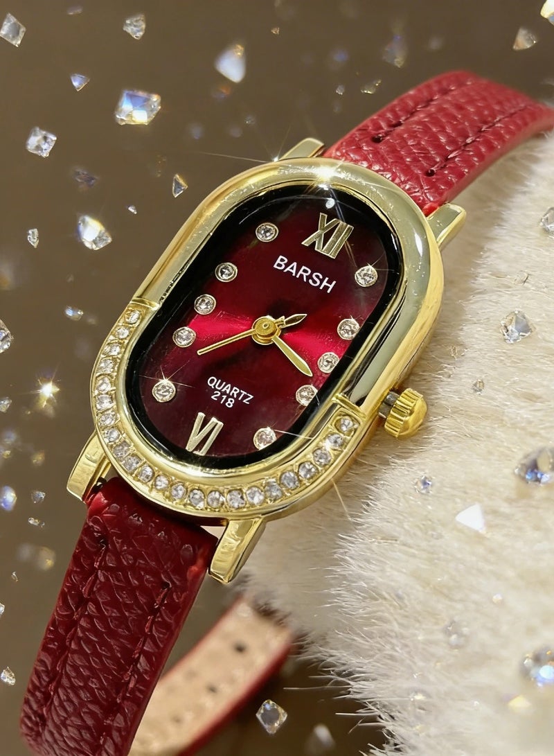 Barsh Women's Elegant Gold-Plated Watch with Diamond-Studded Bezel - Stylish Leather Strap Quartz Wristwatch for Ladies (Fashion Dress Watch) - Image 2
